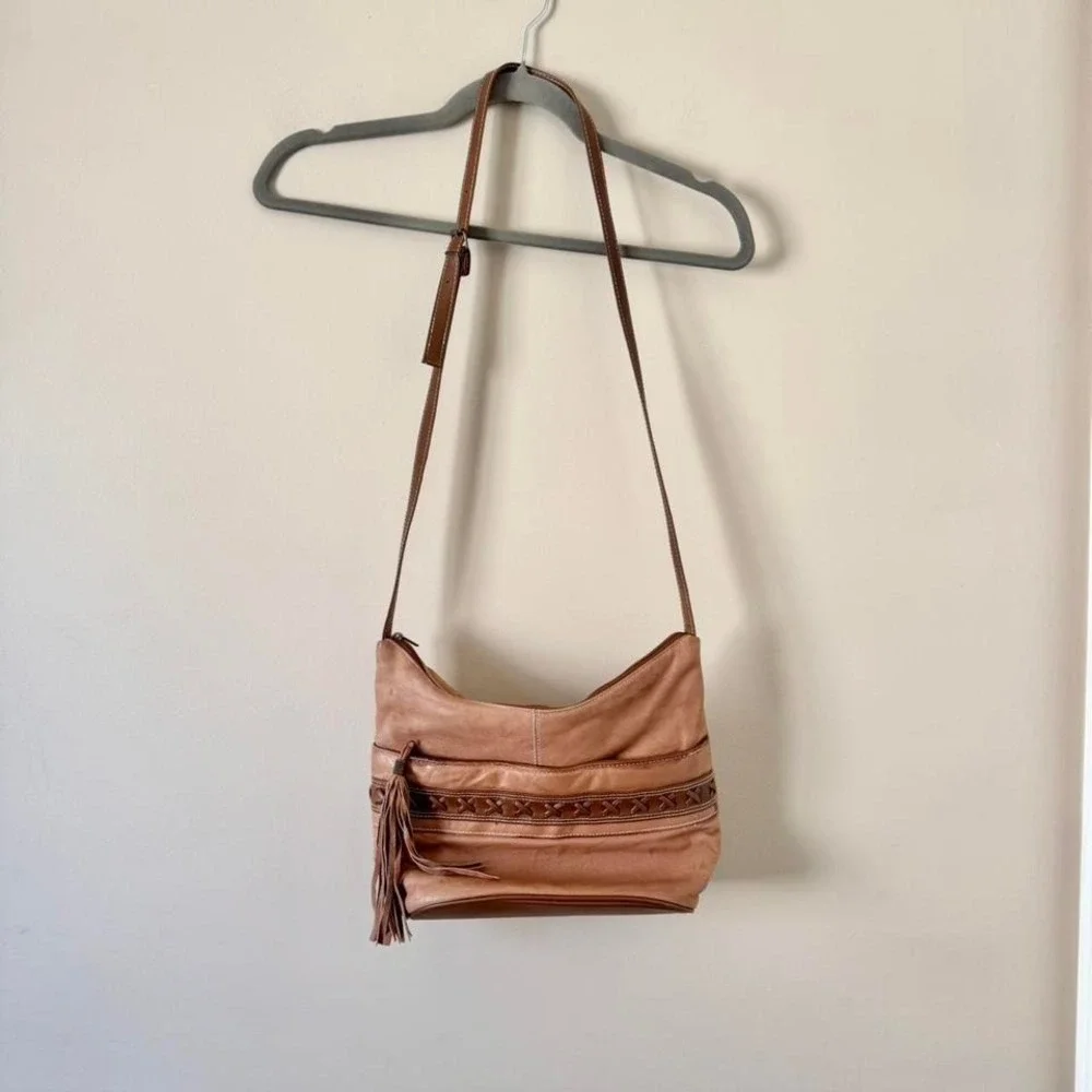 Brown Leather Crossbody‎ Purse Tassel Fringe Braided